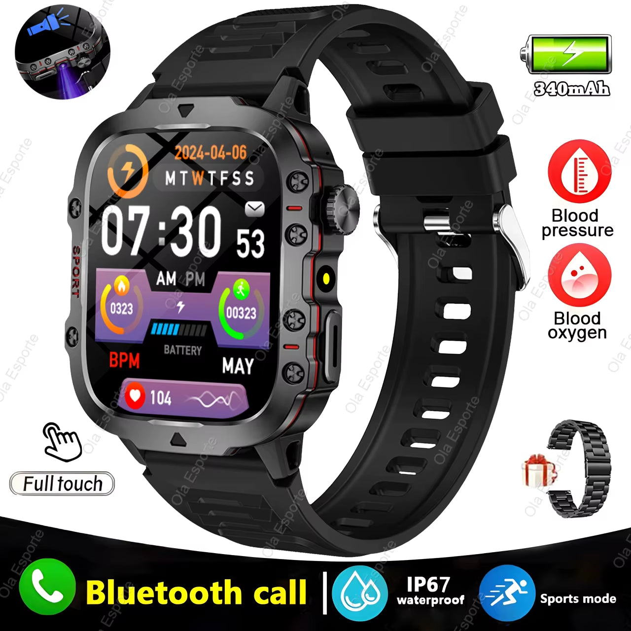 Waterproof Bluetooth Fitness Smartwatch with Flashlight, Rating for Android and iOS