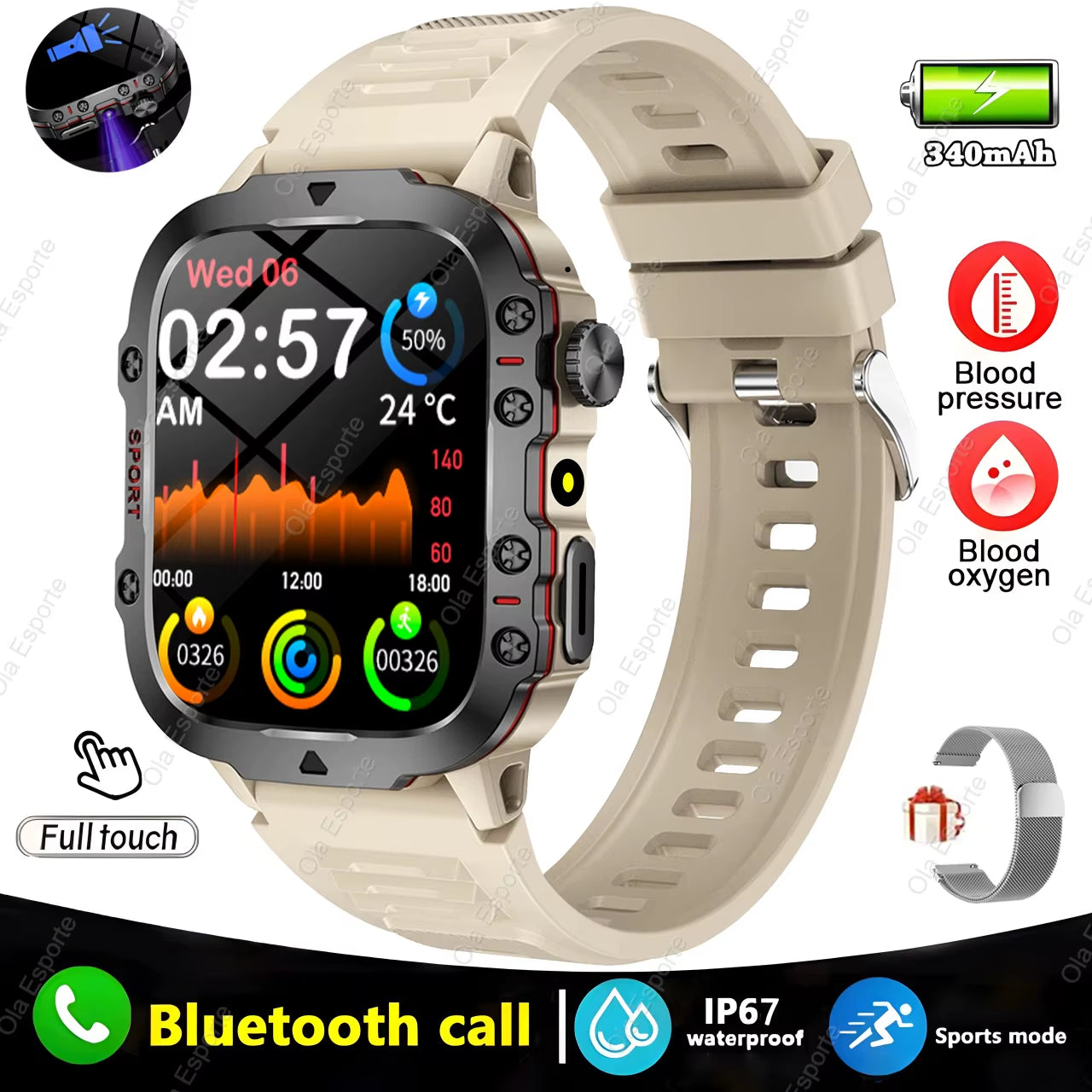 Waterproof Bluetooth Fitness Smartwatch with Flashlight, Rating for Android and iOS