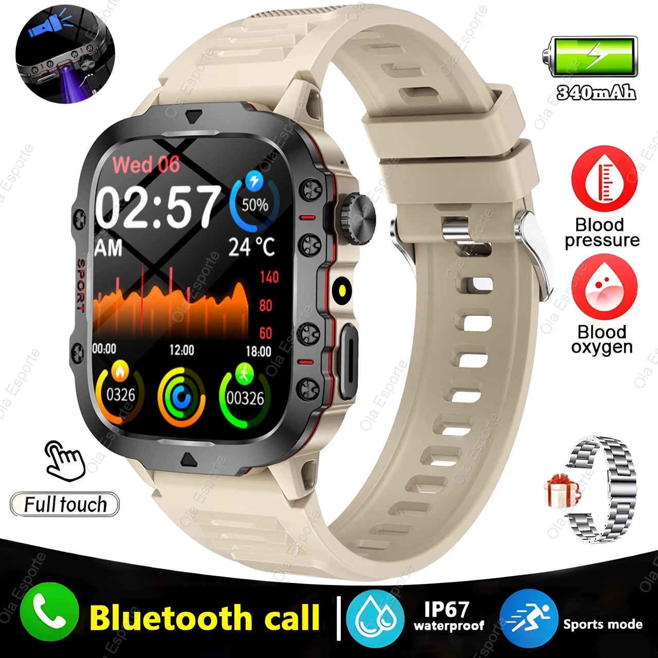 Waterproof Bluetooth Fitness Smartwatch with Flashlight, Rating for Android and iOS