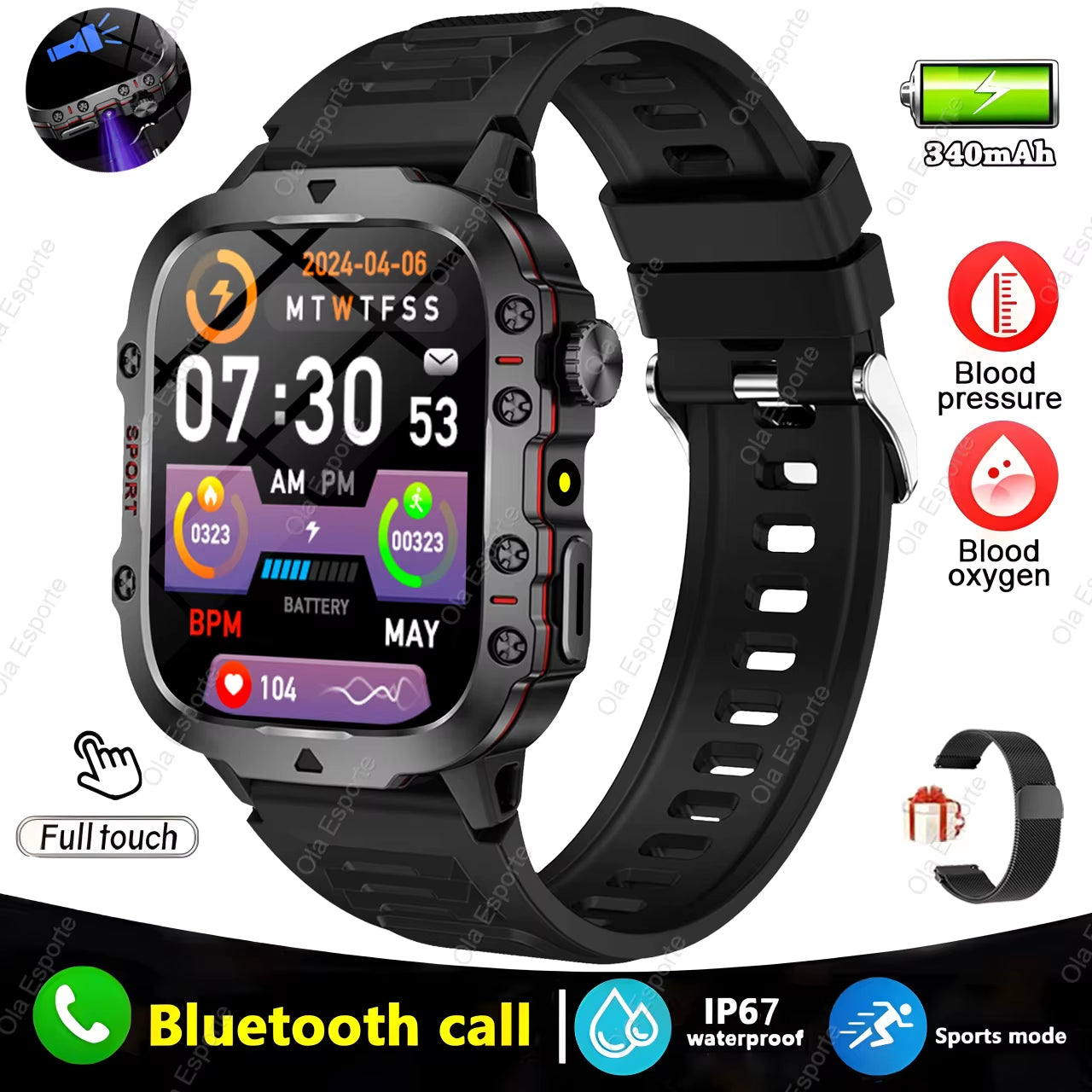 Waterproof Bluetooth Fitness Smartwatch with Flashlight, Rating for Android and iOS