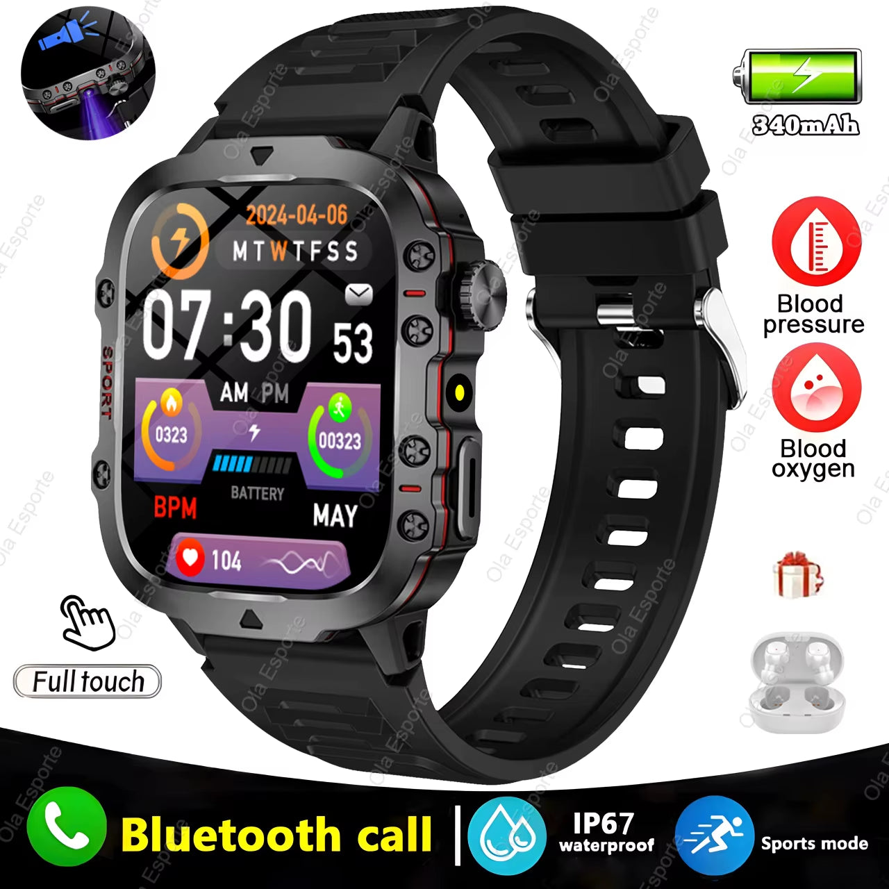 Waterproof Bluetooth Fitness Smartwatch with Flashlight, Rating for Android and iOS